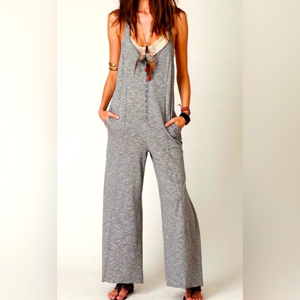 Free People Beach Island Hopper jumpsuit romper S gray striped onesie